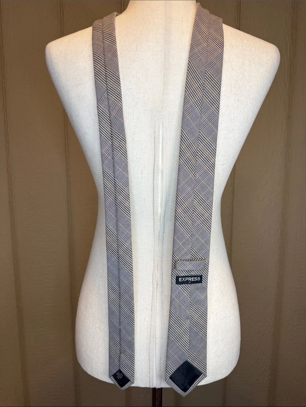 Express Men's Tie Gray Tan Black Glen Plaid Check Narrow Minimalist Corporate